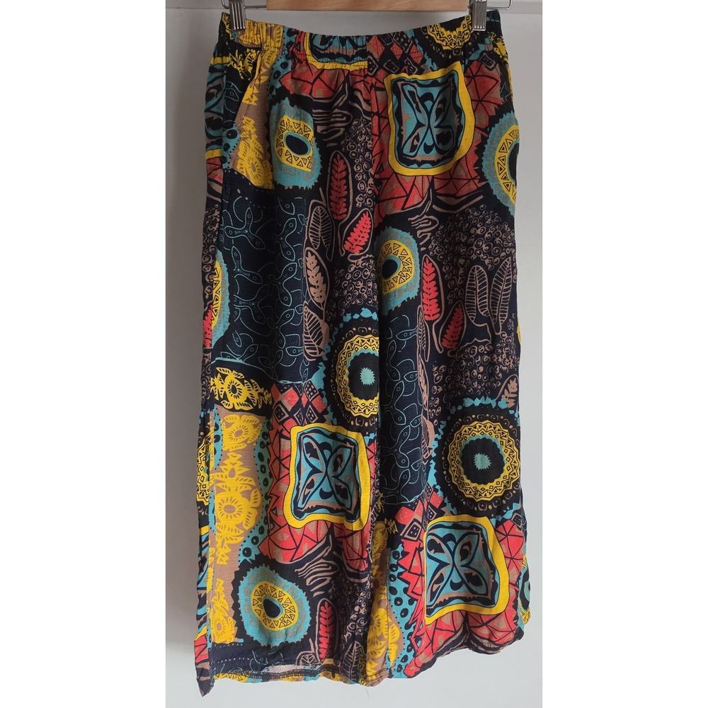 C-MODE Women L Boho Geometric Cropped Pants Multi-Color Wide-Leg Trousers